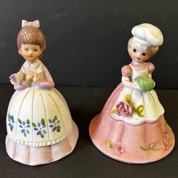 Lefton? Porcelain Bell Set Girl White Apron Baker Pink Roses Chef Garden Lot 2x - Picture 1 of 11